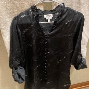 Express Portofino Ruffled Collar Shirt Black/White Marbling Large